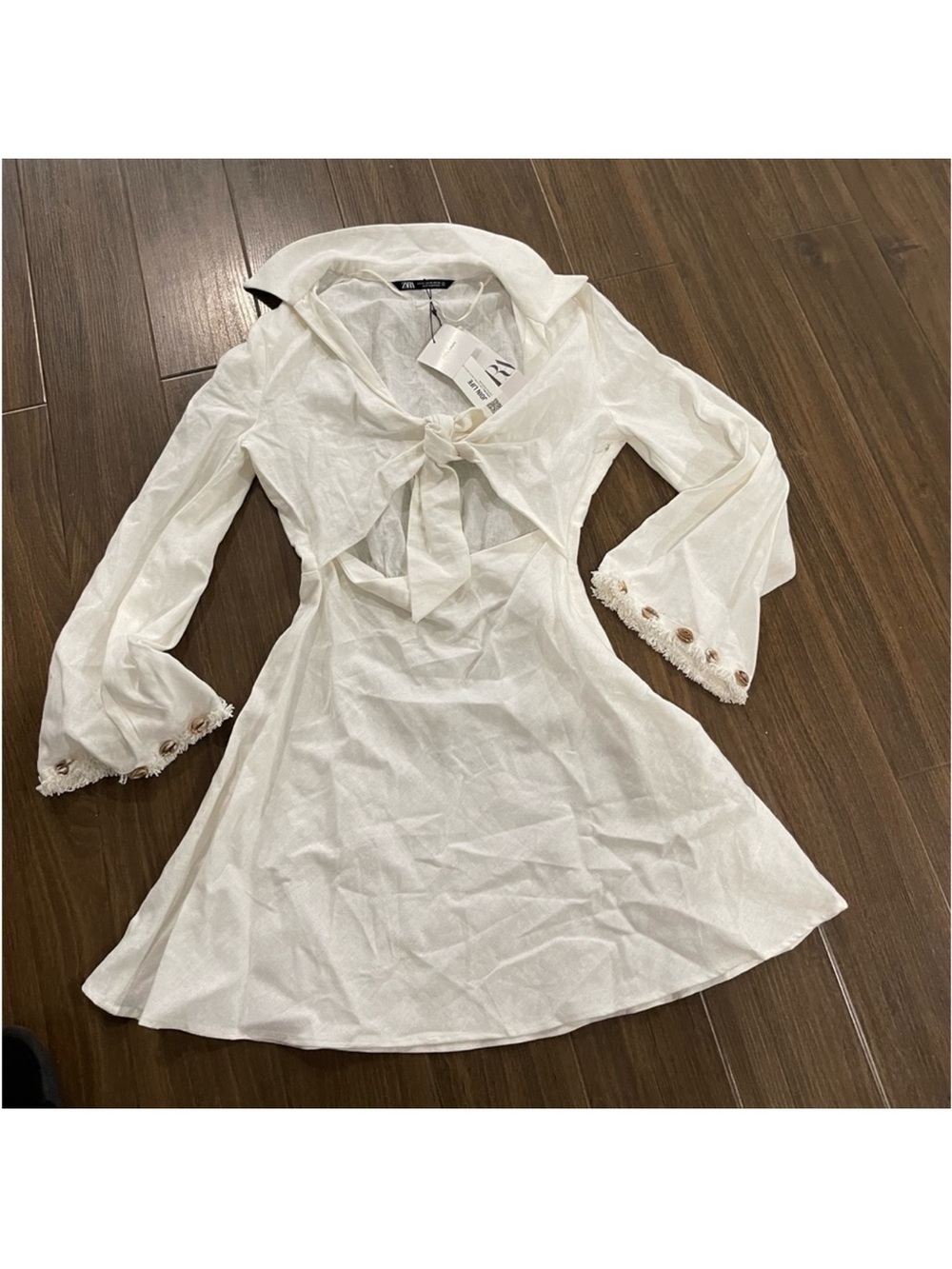 Zara Cream linen Tie-Neck A-Line Dress with Crochet Trim